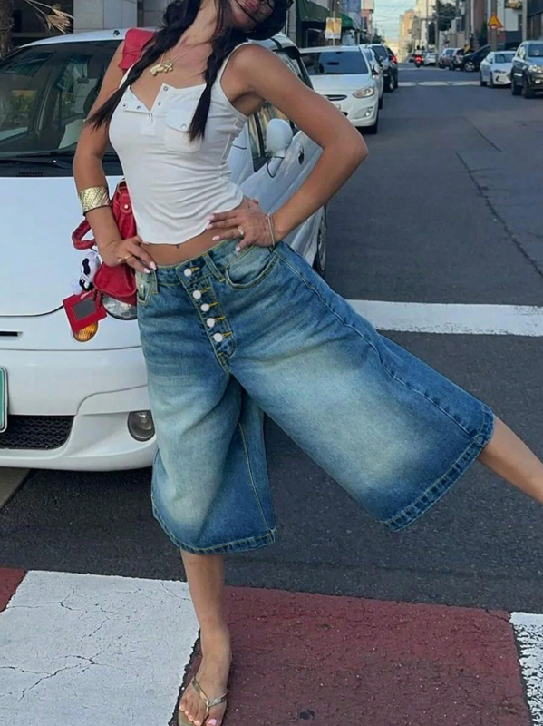 Határokon átnyúló külkereskedelem Amazon európai és amerikai többsoros farmernadrág nőknek Laza és sokoldalú, lezser, egyenes szárú, ötnegyedes nadrág