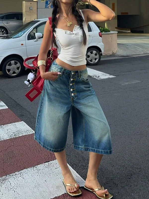 Határokon átnyúló külkereskedelem Amazon európai és amerikai többsoros farmernadrág nőknek Laza és sokoldalú, lezser, egyenes szárú, ötnegyedes nadrág