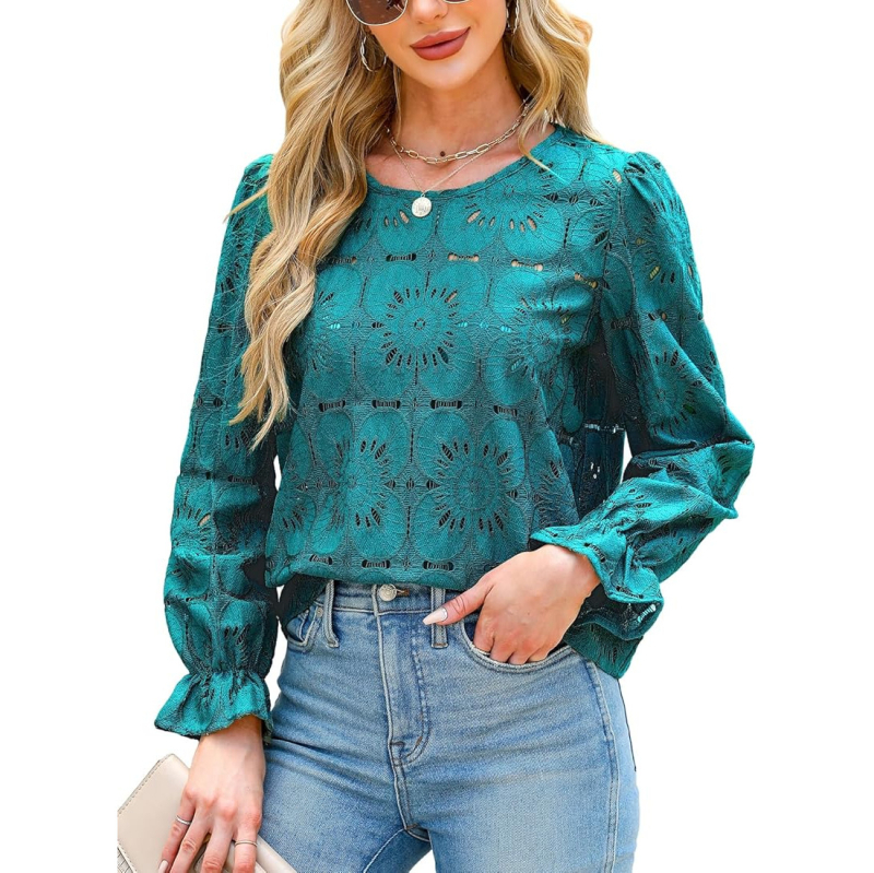 „Amazon 2025“ nauja moteriška nėriniuota nėriniuota ilgomis rankovėmis, viršutiniu pamušalu, tuščiavidurė, nėriniuota, siuvinėta palaidinė