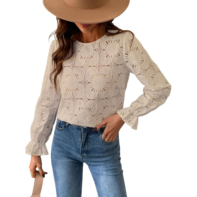 „Amazon 2025“ nauja moteriška nėriniuota nėriniuota ilgomis rankovėmis, viršutiniu pamušalu, tuščiavidurė, nėriniuota, siuvinėta palaidinė