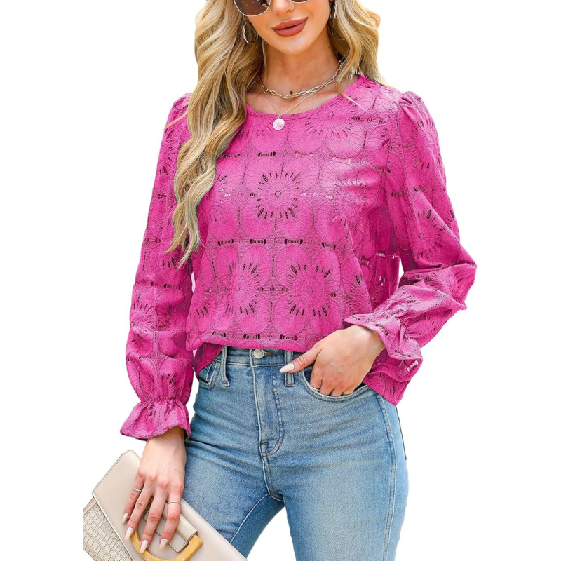 „Amazon 2025“ nauja moteriška nėriniuota nėriniuota ilgomis rankovėmis, viršutiniu pamušalu, tuščiavidurė, nėriniuota, siuvinėta palaidinė