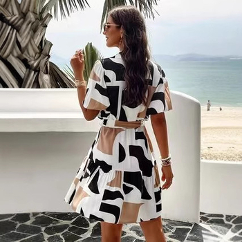 2025 Amazon határokon átnyúló európai és amerikai nyári új női divatos hajtókás nyomtatott gombos fűzős nyomtatott ruha