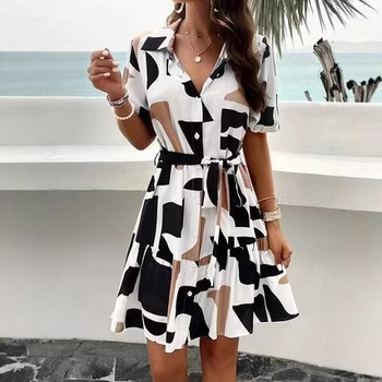 2025 Amazon határokon átnyúló európai és amerikai nyári új női divatos hajtókás nyomtatott gombos fűzős nyomtatott ruha