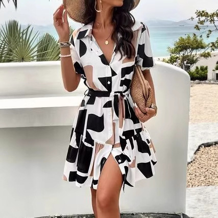 2025 Amazon határokon átnyúló európai és amerikai nyári új női divatos hajtókás nyomtatott gombos fűzős nyomtatott ruha