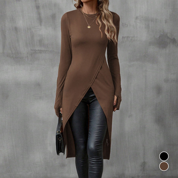 Őszi és téli szexi, határokon átnyúló női hosszú ujjú ruha, európai és amerikai, szexi, hasított, kerek nyakú, divatos, karcsúsított, csípőszoknya