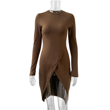 Őszi és téli szexi, határokon átnyúló női hosszú ujjú ruha, európai és amerikai, szexi, hasított, kerek nyakú, divatos, karcsúsított, csípőszoknya