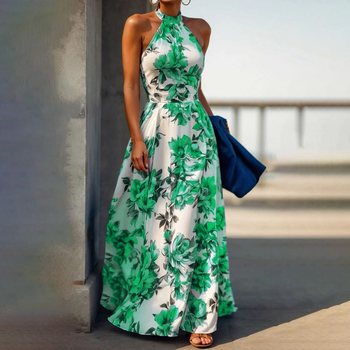 Ln1492 Ins ünnepi stílusú halterneck ruha nőknek 2025 nyári nyomtatott magas derekú vékony ujjatlan strandruha