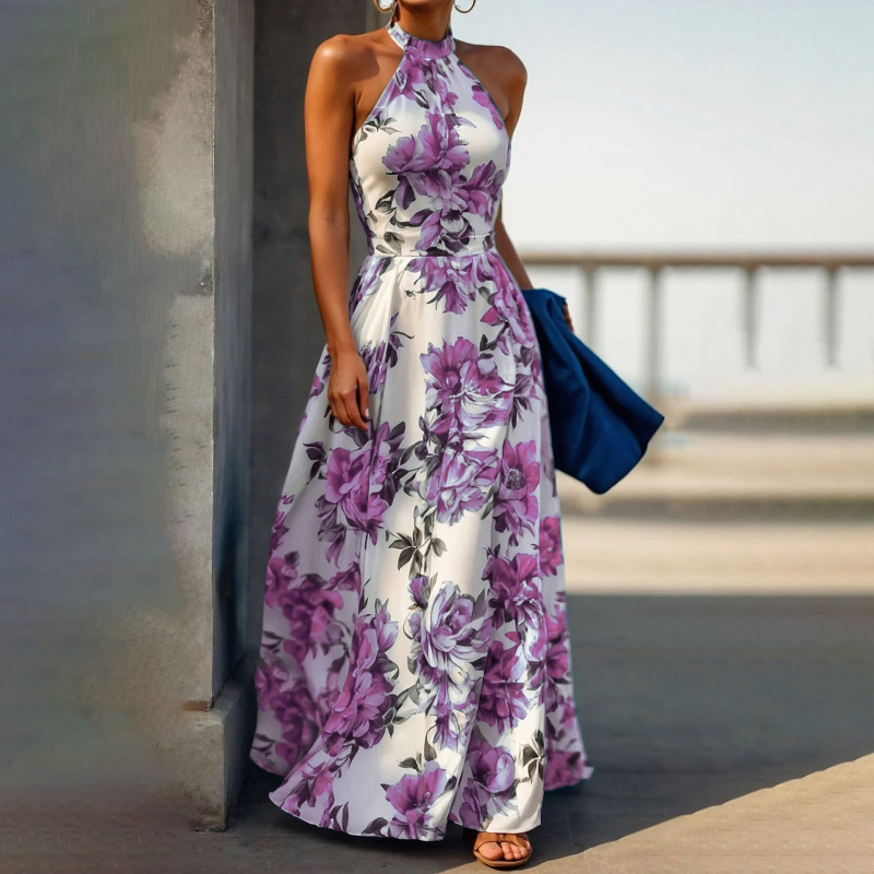 Ln1492 Ins ünnepi stílusú halterneck ruha nőknek 2025 nyári nyomtatott magas derekú vékony ujjatlan strandruha