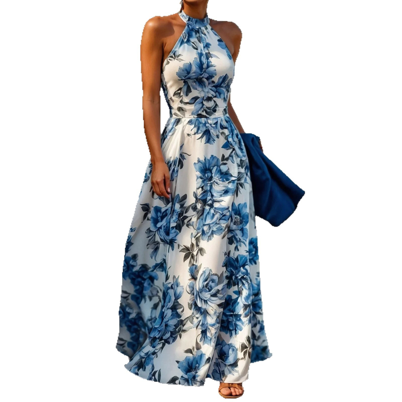 Ln1492 Ins ünnepi stílusú halterneck ruha nőknek 2025 nyári nyomtatott magas derekú vékony ujjatlan strandruha