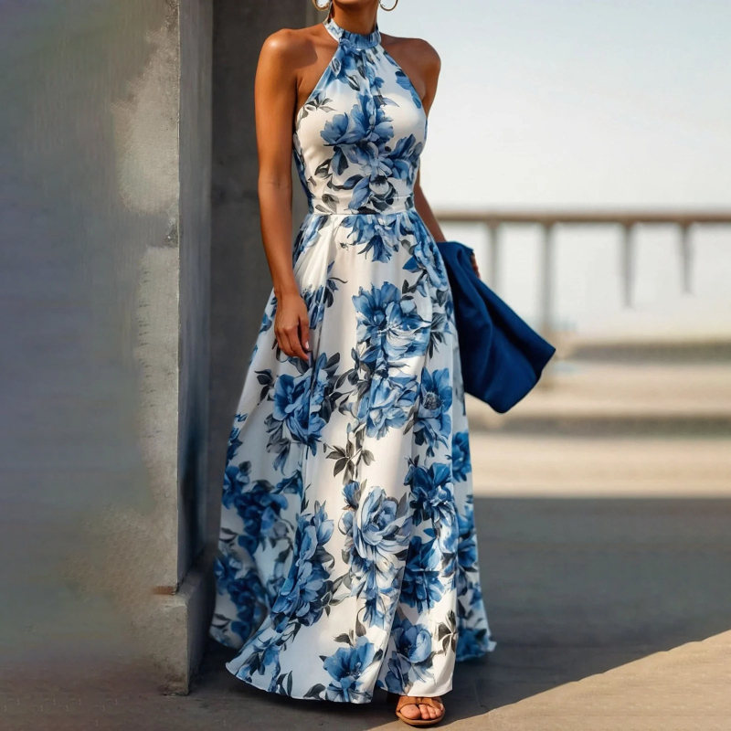 Ln1492 Ins ünnepi stílusú halterneck ruha nőknek 2025 nyári nyomtatott magas derekú vékony ujjatlan strandruha