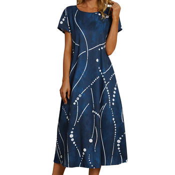 Az Amazon új nyári terméke, bő, A-vonalú, rövid ujjú, mintás ruha, határokon átnyúló európai és amerikai divatos, karcsúsító hosszú ruha
