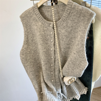 Új Stílusú Kis Illatos Szél Gyapjú Kerek Galléros Csipke Patchwork Mellény Hátul Női Tavaszi Őszi Réteges Ruházat Derékkal Összehúzott Kötött Nyitott Ing Felső