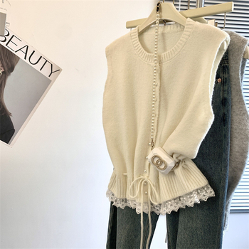 Új Stílusú Kis Illatos Szél Gyapjú Kerek Galléros Csipke Patchwork Mellény Hátul Női Tavaszi Őszi Réteges Ruházat Derékkal Összehúzott Kötött Nyitott Ing Felső