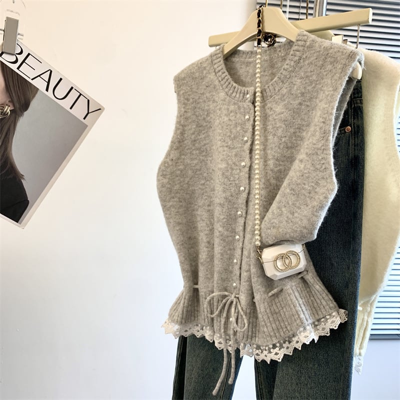 Új Stílusú Kis Illatos Szél Gyapjú Kerek Galléros Csipke Patchwork Mellény Hátul Női Tavaszi Őszi Réteges Ruházat Derékkal Összehúzott Kötött Nyitott Ing Felső