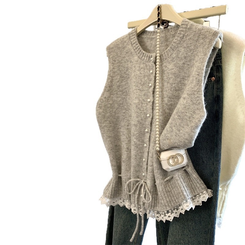 Új Stílusú Kis Illatos Szél Gyapjú Kerek Galléros Csipke Patchwork Mellény Hátul Női Tavaszi Őszi Réteges Ruházat Derékkal Összehúzott Kötött Nyitott Ing Felső