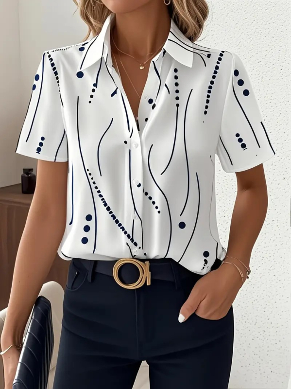 Európai és amerikai határokon átnyúló női nyári csíkos pöttyös elegáns hajtókás rövid ujjú ing