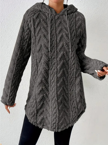 2025-ös európai és amerikai határokon átnyúló exportú női tiszta színű kapucnis jacquard hosszú ujjú pulóver, vékony, húzózsinóros, szőrös pulóver