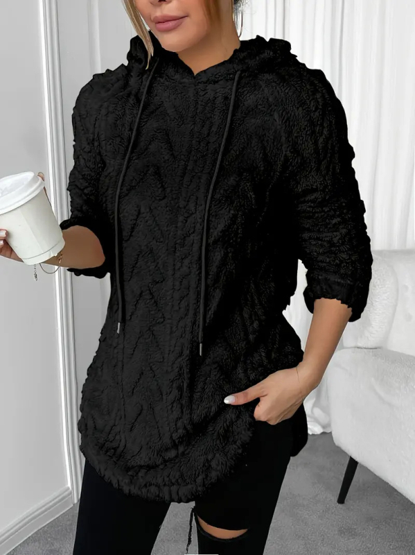 2025-ös európai és amerikai határokon átnyúló exportú női tiszta színű kapucnis jacquard hosszú ujjú pulóver, vékony, húzózsinóros, szőrös pulóver