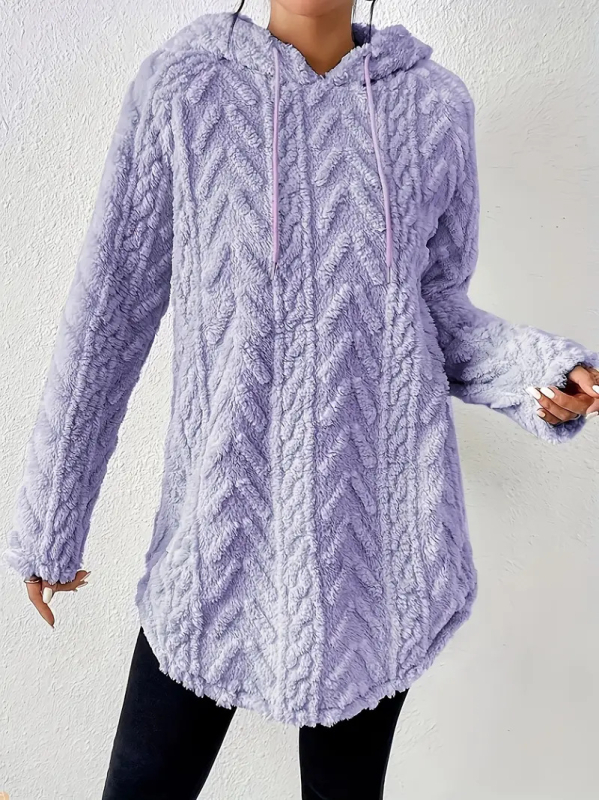 2025-ös európai és amerikai határokon átnyúló exportú női tiszta színű kapucnis jacquard hosszú ujjú pulóver, vékony, húzózsinóros, szőrös pulóver
