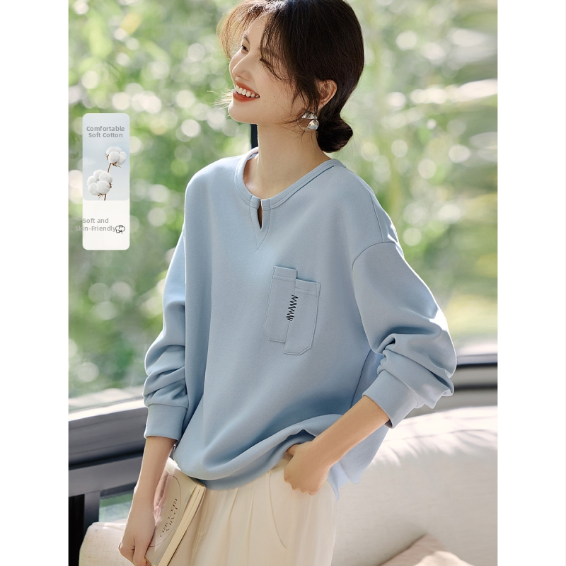 Zsebes Kontraszt Színű Vonaldizájn 2025 Tavaszi Kontraszt Színű Hímzett Vonal Kis V-nyakú Női Pulóver