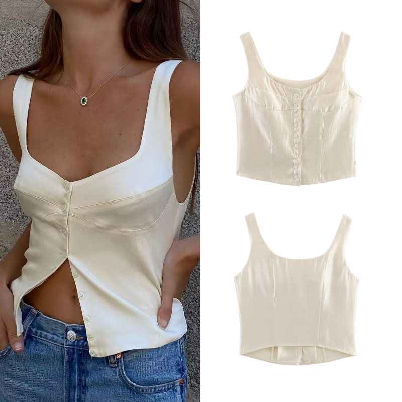 Crossborder női ruházat 2025 nyári európai és amerikai divatos karcsúsított szabású, gombos trikó felső nőknek A15039
