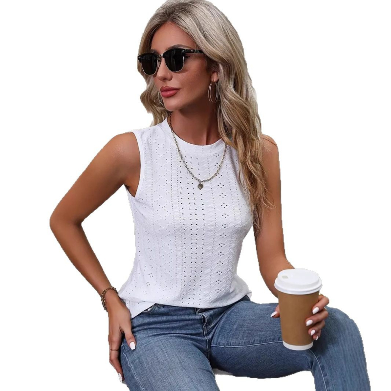 Európai és amerikai női fűzőlyukú, kerek nyakú mellény, nyári szabadidős ujjatlan mellény, női ruházat