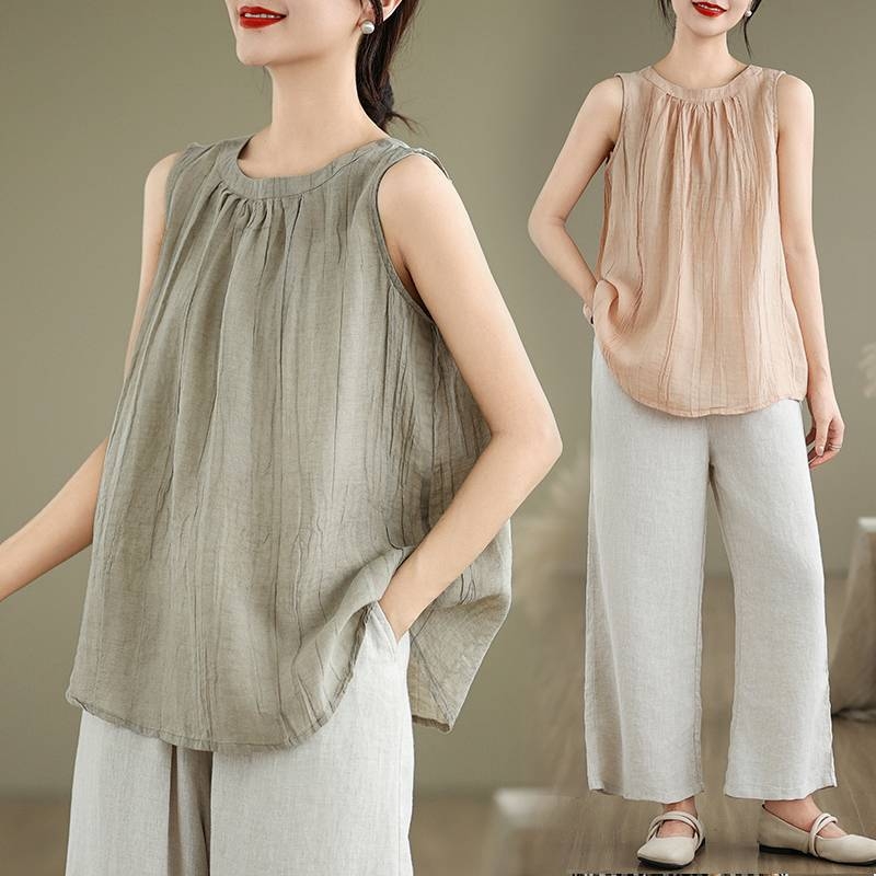 2025. aasta uus suvine retrohõnguline volditud ramiee kangast lahtine vest puuvillast ja linasest naiste stiilis varrukateta pealisriie T-särk