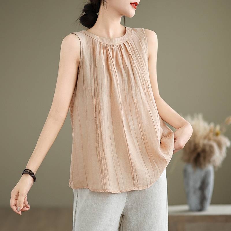 2025. aasta uus suvine retrohõnguline volditud ramiee kangast lahtine vest puuvillast ja linasest naiste stiilis varrukateta pealisriie T-särk