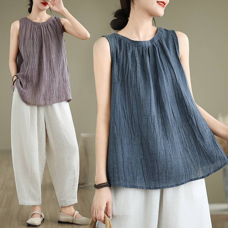 2025. aasta uus suvine retrohõnguline volditud ramiee kangast lahtine vest puuvillast ja linasest naiste stiilis varrukateta pealisriie T-särk