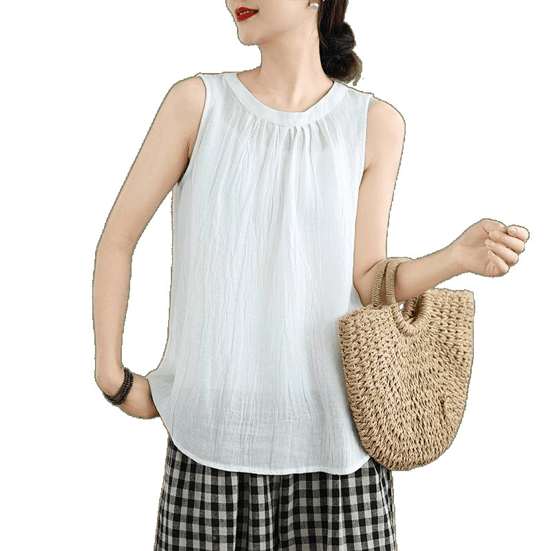 2025. aasta uus suvine retrohõnguline volditud ramiee kangast lahtine vest puuvillast ja linasest naiste stiilis varrukateta pealisriie T-särk