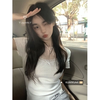 Дамска тениска с къс ръкав и къса яка BM Style, бяла дантела, нова лятна къса тениска с вътрешен ръкав