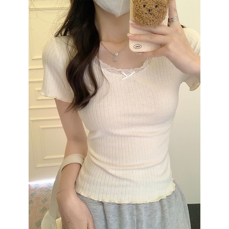 Bm stiilis valge pitsiline õhukese altpoolt särk naistele uus suvine lühikeste varrukatega T-särk