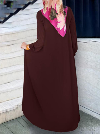 Női muszlim arab elegáns rakott szoknya egyszínű hétköznapi kerek nyakú hosszú ujjú gyűrött bő ruha