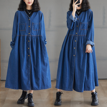 Френска дънкова рокля с дълъг ръкав, V-образно деколте и дълъг ръкав, пролетно-есенна дамска нова ретро ежедневна дълга пола с висока талия, намаляваща възрастта