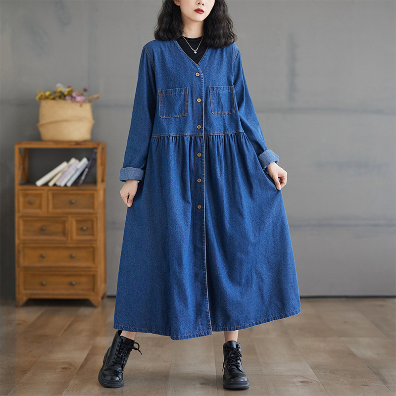 Francia hosszú ujjú, V-nyakú, hosszú ujjú, farmerruha, tavaszi és őszi női új, retró, korcsökkentő, lezser, magas derekú, hosszú szoknya