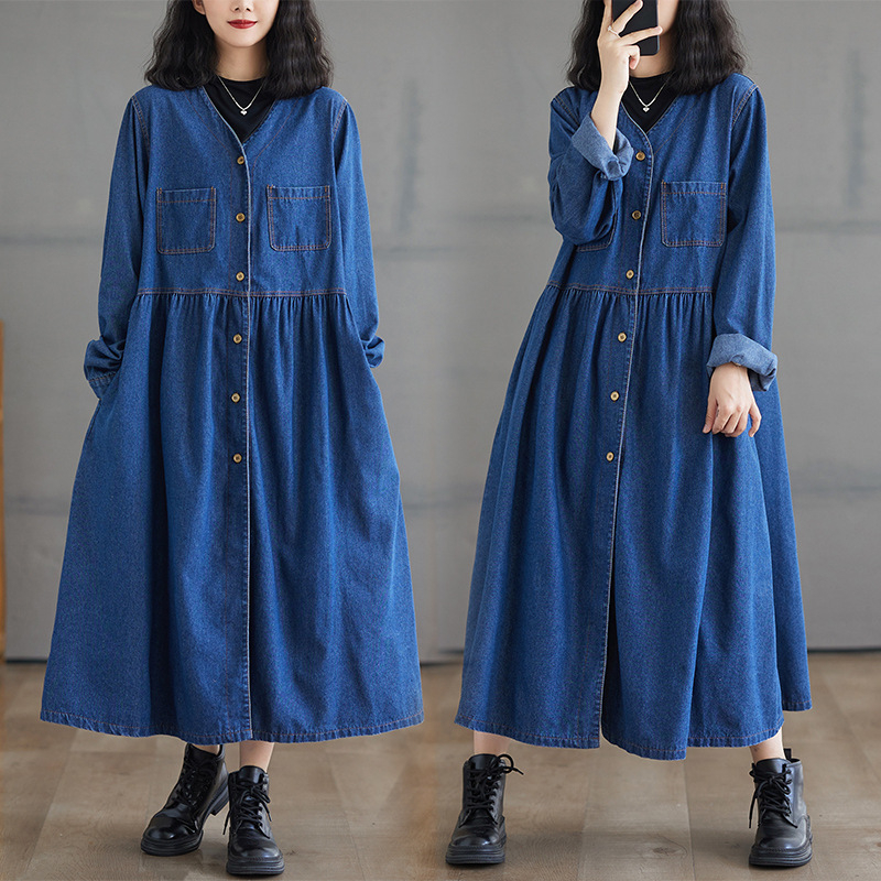 Francia hosszú ujjú, V-nyakú, hosszú ujjú, farmerruha, tavaszi és őszi női új, retró, korcsökkentő, lezser, magas derekú, hosszú szoknya