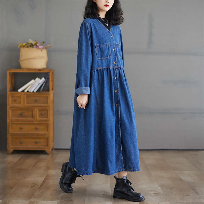 Francia hosszú ujjú, V-nyakú, hosszú ujjú, farmerruha, tavaszi és őszi női új, retró, korcsökkentő, lezser, magas derekú, hosszú szoknya