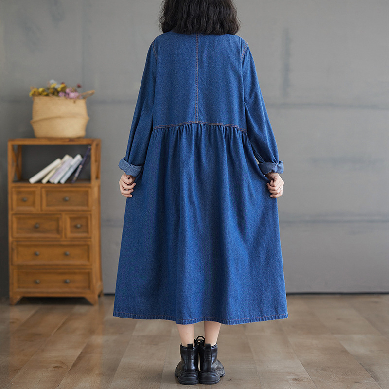 Francia hosszú ujjú, V-nyakú, hosszú ujjú, farmerruha, tavaszi és őszi női új, retró, korcsökkentő, lezser, magas derekú, hosszú szoknya