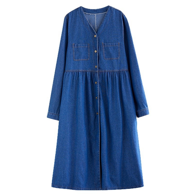 Francia hosszú ujjú, V-nyakú, hosszú ujjú, farmerruha, tavaszi és őszi női új, retró, korcsökkentő, lezser, magas derekú, hosszú szoknya