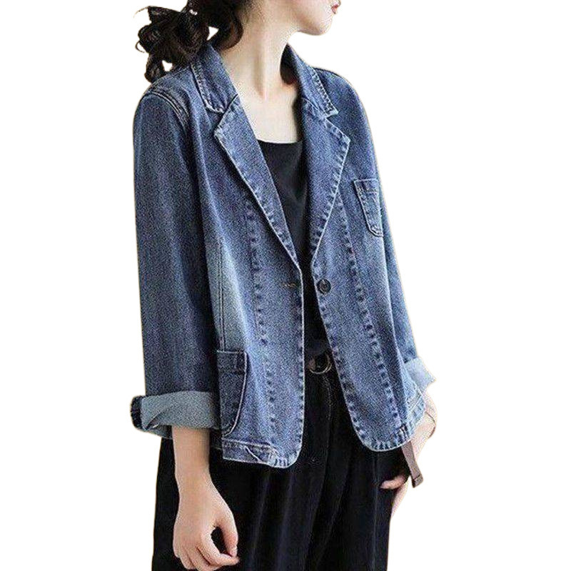 Tavaszi és őszi plus size farmerkabát női western stílusú kis kosztüm bő új, mindenhez illő, lezser, rövid, karcsúsított szabású öltönyfelső