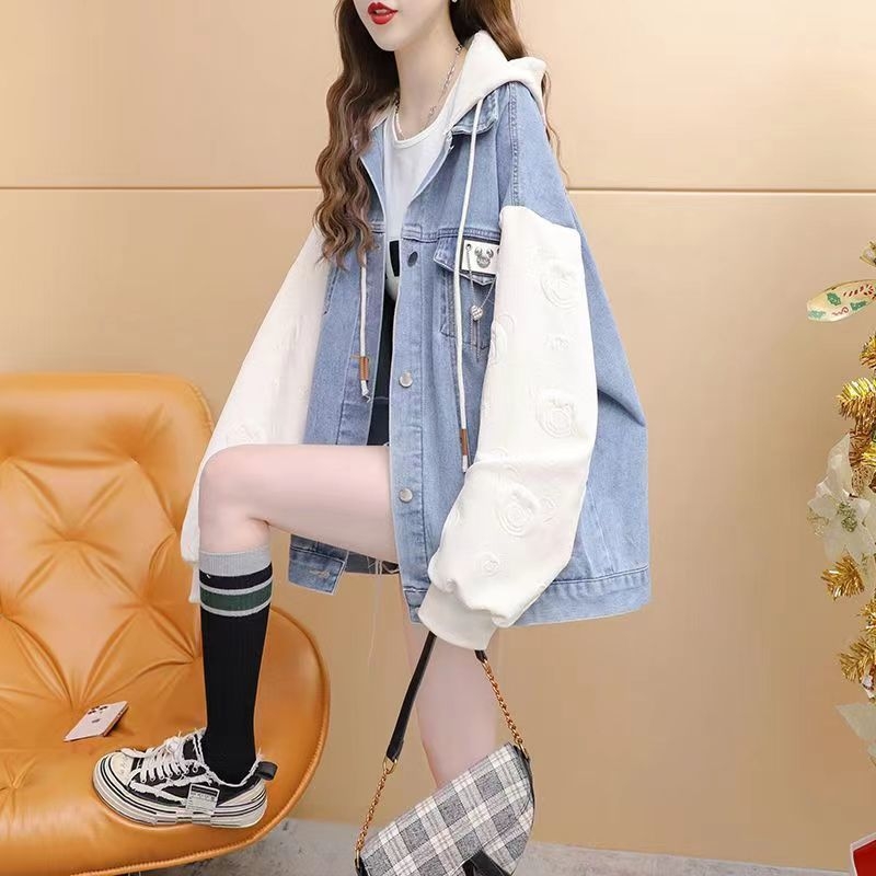 Laza, kétrészes, kapucnis, hamis farmerdzseki, női, 2025-ös tavaszi, koreai stílusú, laza, lusta fazonú felső.