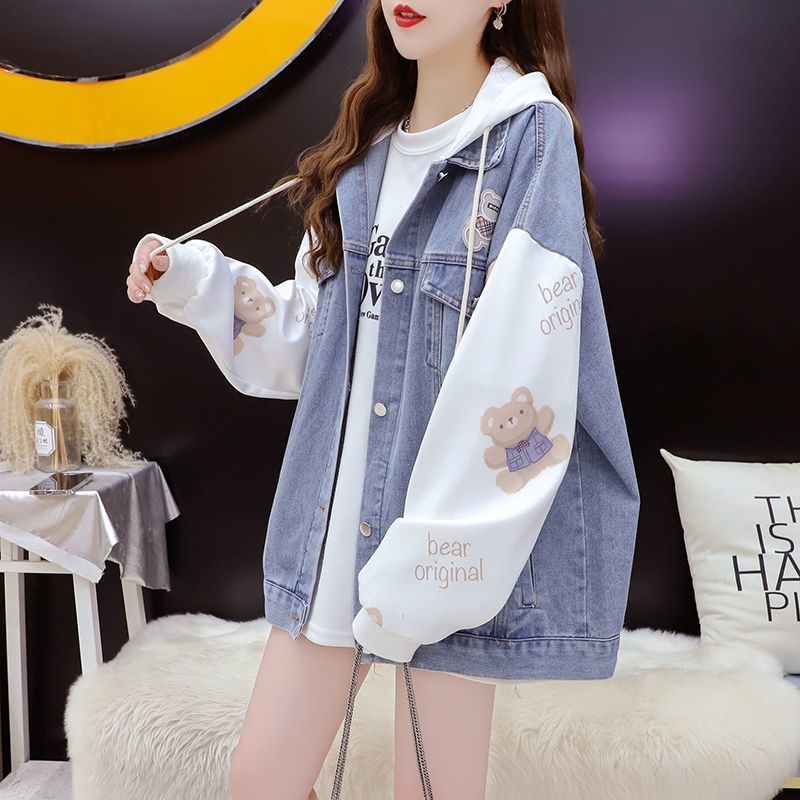 Laza, kétrészes, kapucnis, hamis farmerdzseki, női, 2025-ös tavaszi, koreai stílusú, laza, lusta fazonú felső.