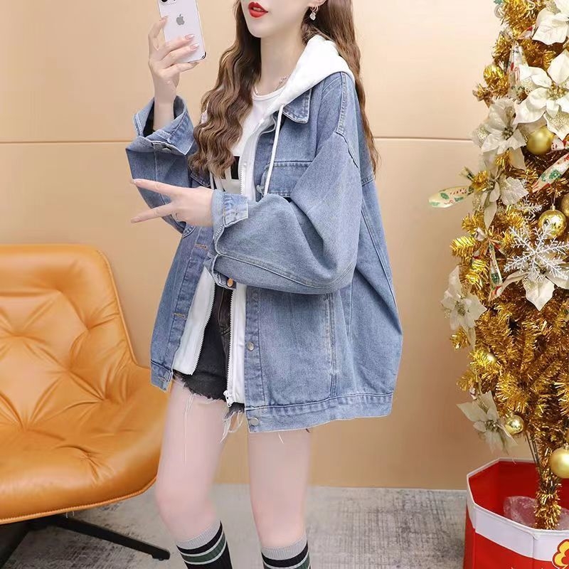 Laza, kétrészes, kapucnis, hamis farmerdzseki, női, 2025-ös tavaszi, koreai stílusú, laza, lusta fazonú felső.