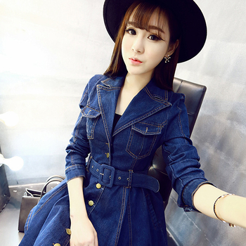 Őszi új koreai stílusú öltönygallérral, szűk derékkal, karcsúsító farmerruhával, midi dzsekivel