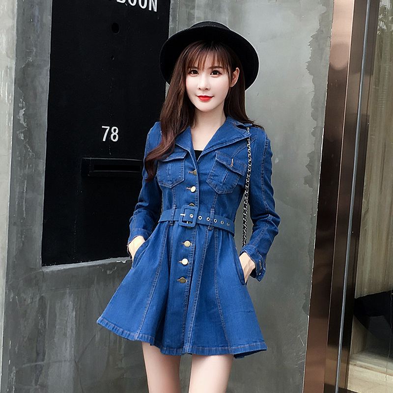 Őszi új koreai stílusú öltönygallérral, szűk derékkal, karcsúsító farmerruhával, midi dzsekivel