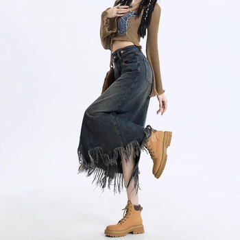 Džinsinis sijonas su neapdorotais kraštais, plyšiais moterims, 2025 m. madingas universalus pavasario ir rudens aukštu liemeniu, A formos, klubus dengiantis vidutinio ilgio sijonas.