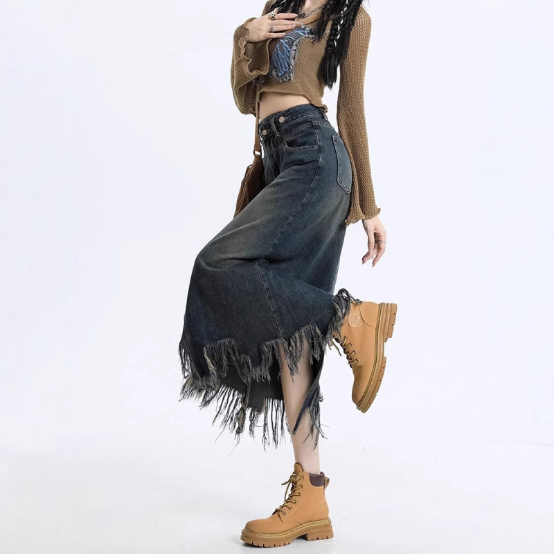 Džinsinis sijonas su neapdorotais kraštais, plyšiais moterims, 2025 m. madingas universalus pavasario ir rudens aukštu liemeniu, A formos, klubus dengiantis vidutinio ilgio sijonas.