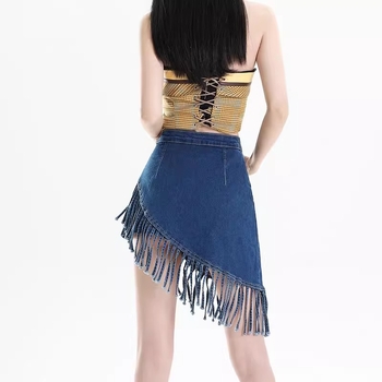 Φούστα τζιν με ασύμμετρη φούστα για γυναίκες 2025 Καλοκαίρι ρετρό μπλε με ψηλή μέση, γραμμή Α, που καλύπτει τους γοφούς, κοντή φούστα