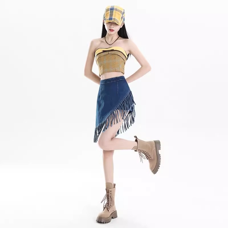 Dögös lányos bojtos aszimmetrikus farmerszoknya nőknek 2025 nyári retró kék magas derekú A-vonalú csípőt takaró rövid szoknyanadrág