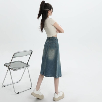 Εκ μέρους της χονδρικής των μαλλιών αμερικανική ρετρό τζιν φούστα γυναικών πτυχωτή σχεδίαση αίσθηση εξειδικευμένη υψηλή μέση λεπτή φούστα ισχίου λέξη